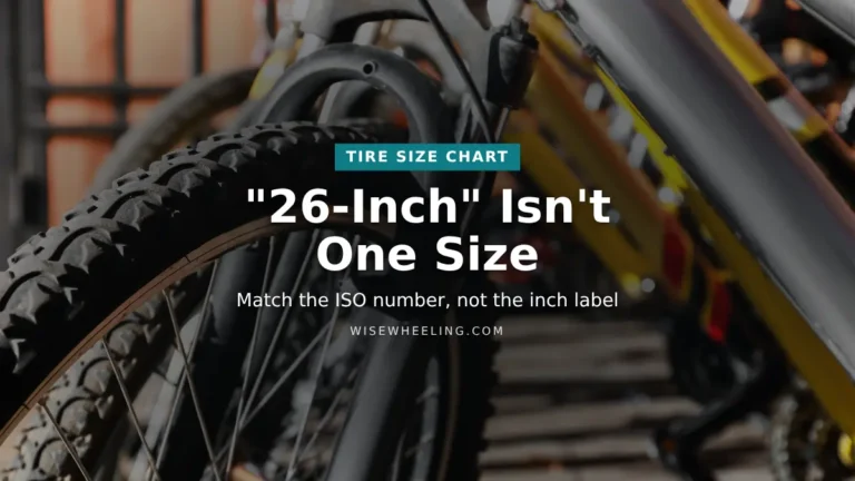 Row of mountain bike tires with text: 26-inch isn't one size, match the ISO number not the inch label