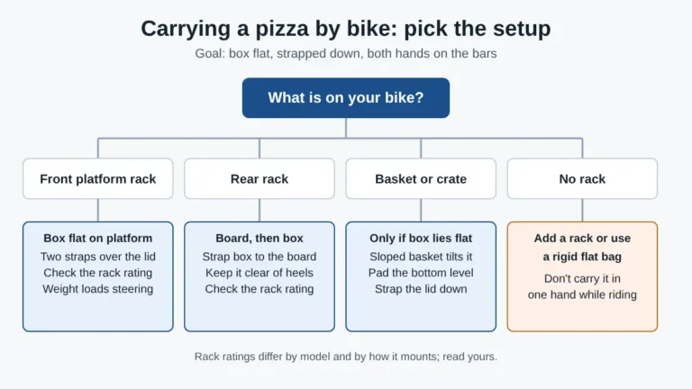 Flowchart choosing how to carry a pizza on a bike: front platform rack, rear rack with board, basket or crate, or no rack