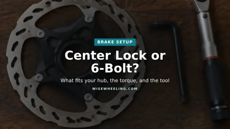 Center Lock or 6-Bolt? title graphic over a Center Lock disc rotor, Torx key and torque wrench on a workbench