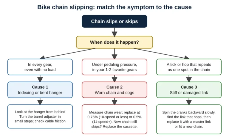 Flowchart matching bike chain slipping symptoms to indexing, worn chain and cogs, or a stiff link