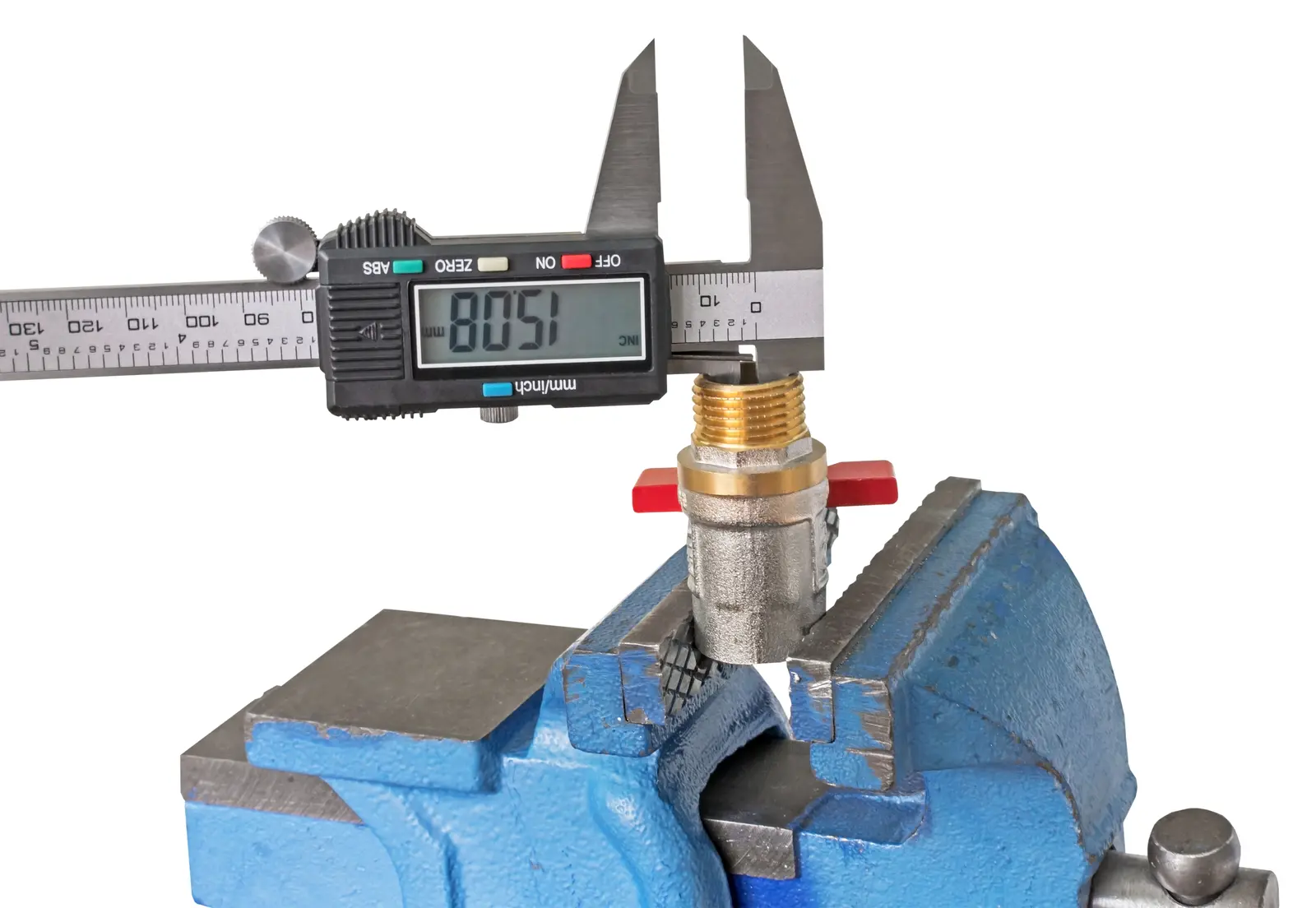 Digital caliper jaws closed around a round metal fitting to read its outside diameter
