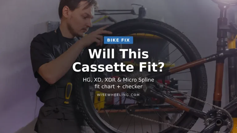 Bike mechanic holding a rear wheel with cassette, text: Will this cassette fit? HG, XD, XDR and Micro Spline fit chart and checker