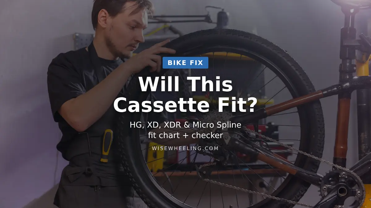 Bike mechanic holding a rear wheel with cassette, text: Will this cassette fit? HG, XD, XDR and Micro Spline fit chart and checker