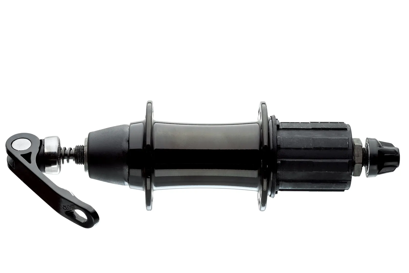 Rear bicycle hub with a splined HG-style freehub body and quick-release skewer, on a white background