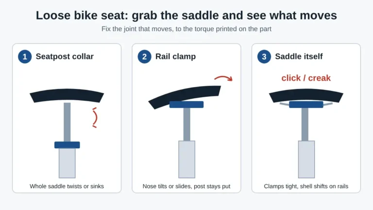 Three-panel diagram of a bike seat showing the seatpost collar, rail clamp and saddle body as the three places a seat can come loose